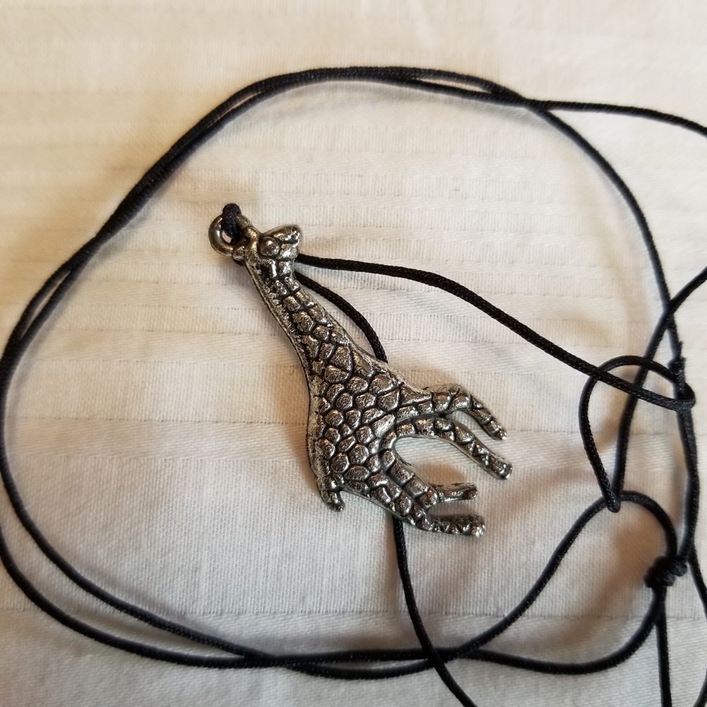 Silver Giraffe Black Cord Necklace